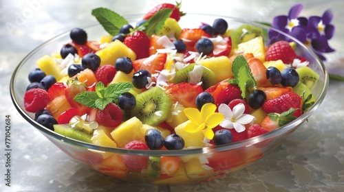 Fresh fruit summer exotic salad with strawberries, blueberries, kiwi and pineapple in a glass bowl. Healthy nutritious breakfast, dessert or snack, vegan concept © eireenz