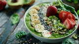 Nutritious green smoothie bowl topped with fresh fruits,  kale, banana, avocado, kiwi, strawberries, chia seeds. Healthy breakfast, superfood concept