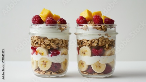 Nutritious breakfast parfait served in a glass jar. Layered Greek yogurt with granola and fresh fruits such as berries, sliced bananas, mango with honey or maple syrup. Healthy breakfast