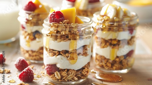 Nutritious breakfast parfait served in a glass jar. Layered Greek yogurt with granola and fresh fruits such as berries, sliced bananas, mango with honey or maple syrup. Healthy breakfast