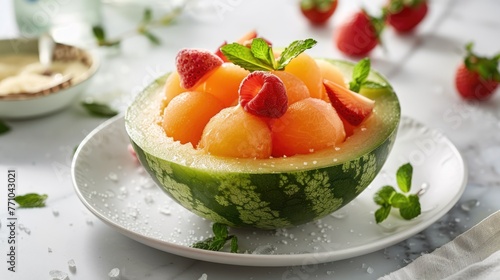 Refreshing vegan sorbetto served in a hollowed-out watermelon or cantaloupe fruit shell with fresh fruit slices and a sprig of mint. Healthy summer dish, dessert or snack, vegan concept