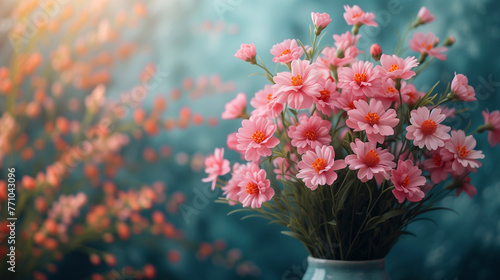 Bouquet of pink flowers in vase on blue background.