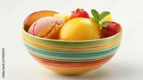 Vibrant vegan fruit sorbet served in a colorful ceramic bowl. Refreshing blend of frozen fruit such as mangoes, strawberries, pineapple. Dessert vegan concept