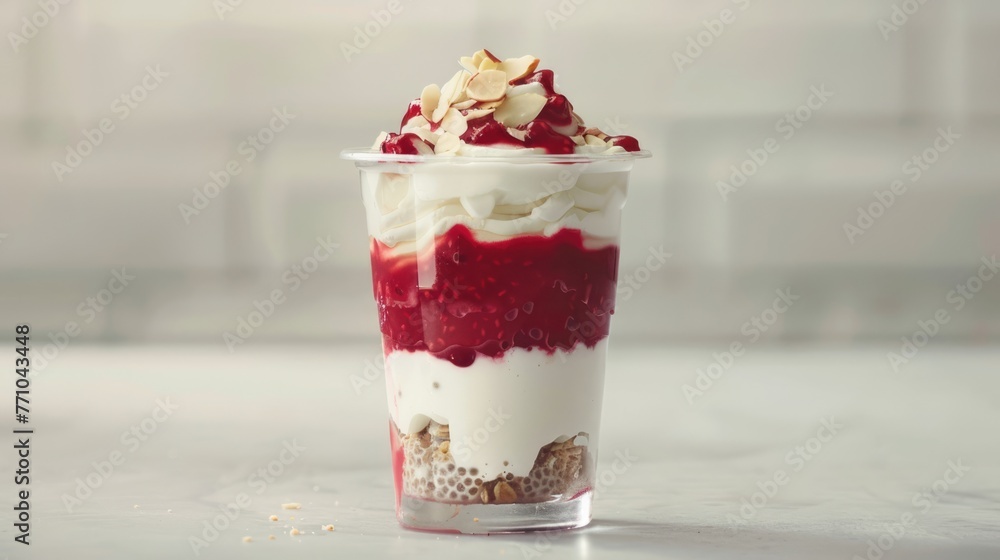 Chia seed pudding parfait served in a glass jar. Layered creamy coconut milk chia pudding with berry compote, coconut yogurt and crushed almonds or granola. Healthy breakfast, dessert Chia seed pudding parfait served in a glass jar. Layered creamy coconut milk chia pudding with berry compote, coconut yogurt and crushed almonds or granola. Healthy breakfast, dessert