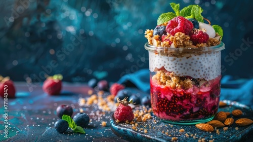 Chia seed pudding parfait served in a glass jar. Layered creamy coconut milk chia pudding with berry compote, coconut yogurt and crushed almonds or granola. Healthy breakfast, dessert photo