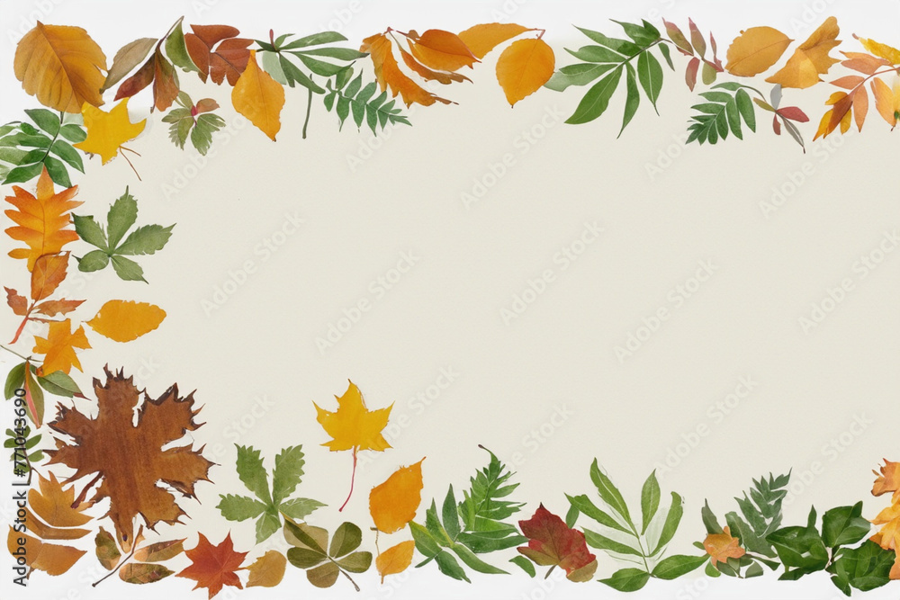Frame of Fall Colored Leaves on Off White Background AI