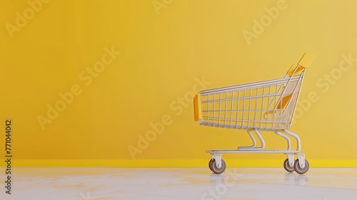 Presented against a white and yellow background, a shopping cart trolley is depicted in this 3D rendering.