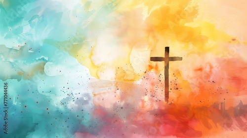 Cross of Jesus Christ on a colorful watercolor background