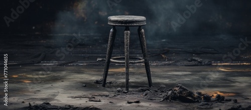 A wooden stool is placed on the floor in a dimly lit room, creating a visual arts scene reminiscent of still life photography. The darkness enhances the intricate patterns carved into the stool photo
