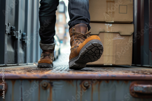 A close-up shot of a mover boots, stepping down from the container truck with a box in hand. © mila103