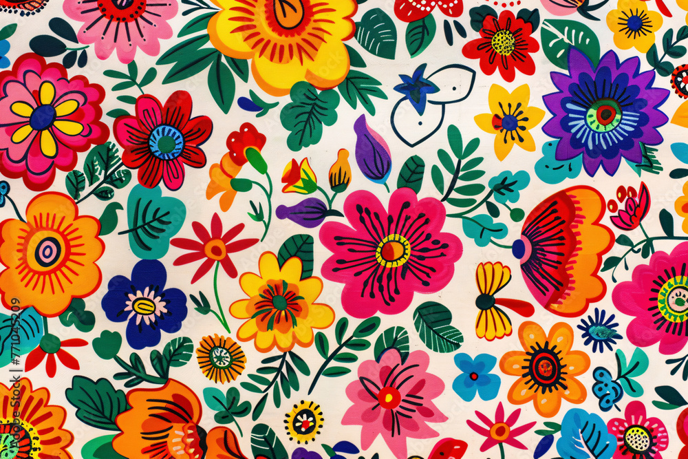 Colorful hand drawn style flower and butterfly pattern on off-white background