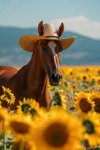  elegance of a horse wearing a straw hat amid a sunflower field, mountain backdrop. summer, yellow, animal, horse, nature