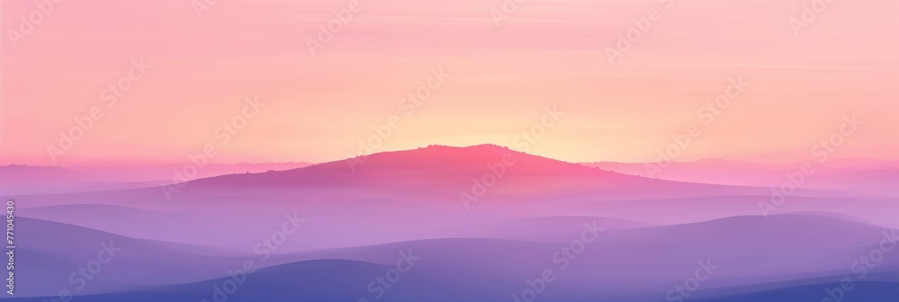 Tranquil hills bathed in a soft gradient of sunrise colors, evoking a peaceful morning, banner with copy space