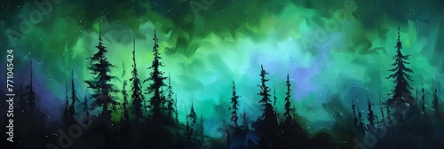 Vibrant aurora borealis illustration with silhouetted pine trees in a serene, mystical nighttime landscape, copy space aurora borealis, night sky, nature, mystery, silence © Aksana