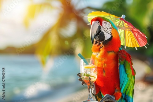 Colorful macaw parrot holding a cocktail with a tiny umbrella on a tropical beach, summer vacation vibe, copy space photo