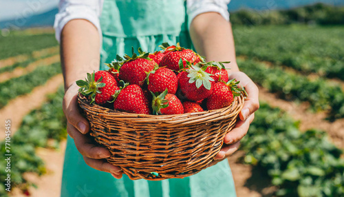 girl holding a basket of strawberries in the field