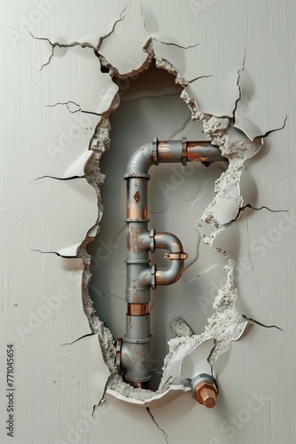 3D illustration showing copper and PVC plumbing pipes behind the broken wall with a hole in it