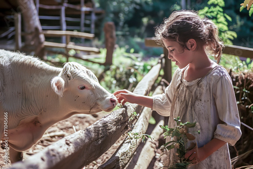 A young girl is petting a white cow. The cow is standing behind a wooden fence