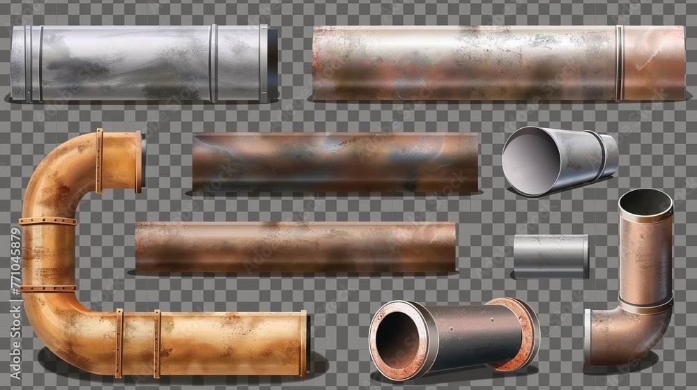 a group of metal pipes. Brass, copper, aluminum, steel, and cast iron pipe profiles. Isolated realistic vector artwork on a transparent backdrop.