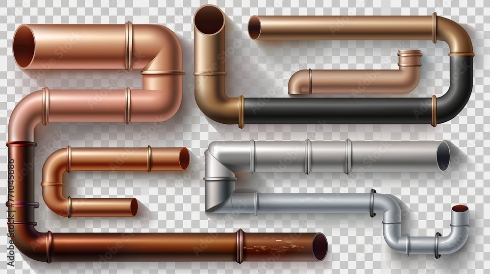 a group of metal pipes. Brass, copper, aluminum, steel, and cast iron pipe profiles. Isolated realistic vector artwork on a transparent backdrop.