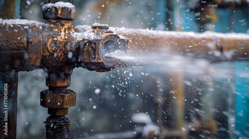 Wintertime, rusted burst pipe spewing water after freezing
