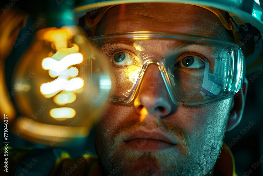 A close-up shot of an electrician face, lit by the glow of a light bulb they just installed. A close-up shot of an electrician face, lit by the glow of a light bulb they just installed.