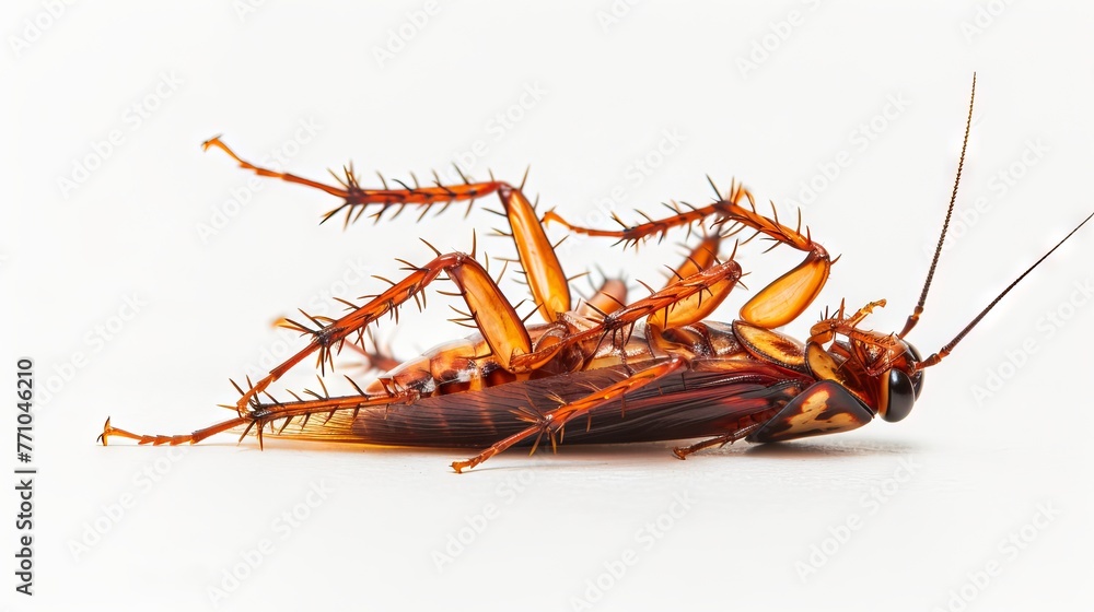 Dead cockroach lying on its back on white backdrop. Pest insect. Perfect for pest control service ads, hygiene educational content, product labels for insecticides. Dead cockroach lying on its back on white backdrop. Pest insect. Perfect for pest control service ads, hygiene educational content, product labels for insecticides.