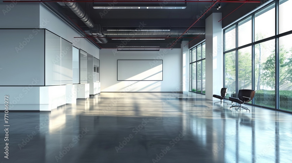 Fototapeta premium Contemporary empty office space with expansive windows and metropolitan backdrop. Concept of corporate efficiency, modern architecture, and open workspaces.