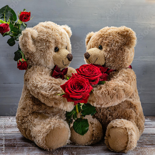 Soft teddy bears giving flowers to each other