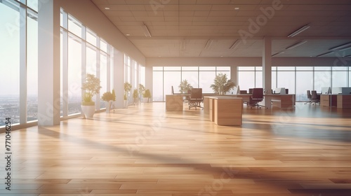 Spacious office with floor-to-ceiling windows and a city view. Wooden design. Concept of corporate elegance, business environment, modern architecture.