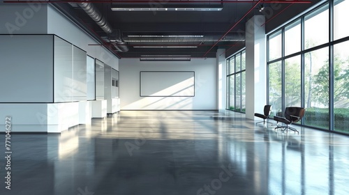 Contemporary empty office space with expansive windows and metropolitan backdrop. Concept of corporate efficiency, modern architecture, and open workspaces.