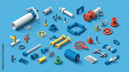 A collection of intricate construction pieces in vector 3D flat isometric illustration format, including pipes, fittings, gate valves, faucets, and ells photo