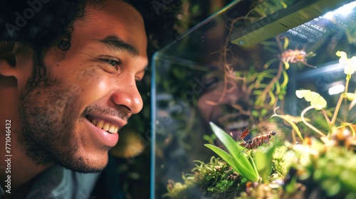 Man admiring a beetle in a terrarium. Happy observer watching insect life. Concept of biological interest, hobbyist entomologist, nature interaction, and learning about insects. photo