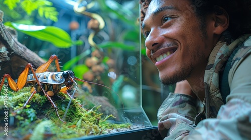 Joyful man admiring a Madagascar hissing cockroach in a terrarium. Exotic pet owner with his insect. Concept of hobby entomology, insect keeping, pet care, and nature enthusiasm. © Jafree