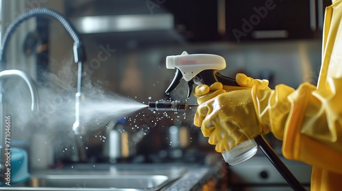 Hand in yellow gloves spraying disinfectant in kitchen. Cleaning service fighting pests. Concept of household sanitation, pest control, and professional extermination. photo