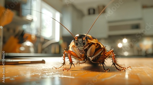 Cockroach on kitchen floor. Domestic pest in a home environment. Concept of home hygiene, pest infestation, and domestic cleanliness. photo