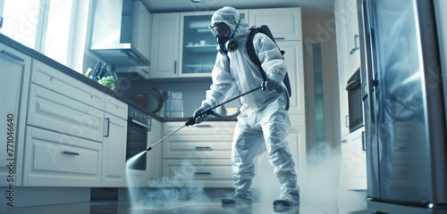 Pest control specialist exterminating cockroaches with precision. Detailed disinfection service in a kitchen. Concept of targeted pest elimination, hygiene maintenance, and expert sanitation. photo
