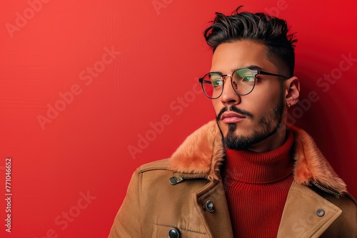 Elder Latino millenial in their late 30s wearing trendy fashion isolated on solid background photo