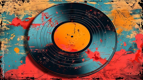 Vibrant Vinyl record with abstract splatter background in blue and red. Grunge music concept with retro vibes. Artistic design for music poster, album art, and event promotion. Pop art style photo