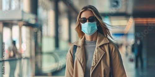Woman wearing a mask while traveling on vacation to help prevent the spread of diseases to immunocompromised people photo