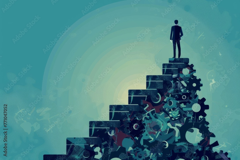 business man at the top of the stairs with cogs as support pillar business man at the top of the stairs with cogs as support pillar