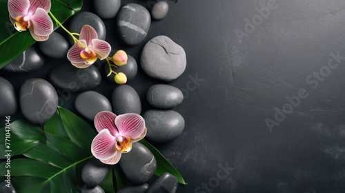 Top view of hot stones setting for massage treatment on blackboard with copy space. High angle view of orchids on green leaf with black stones pile for spa therapy.