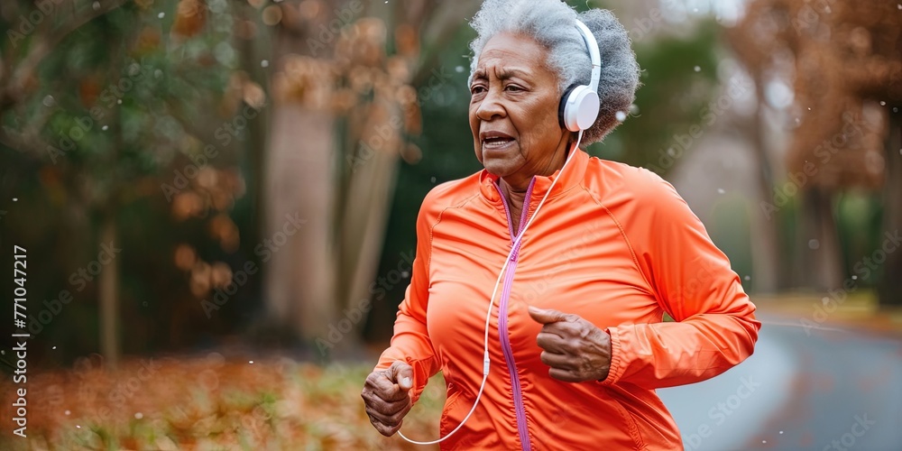 Female senior citizen jogging in the park with headphones listening to music and podcasts Female senior citizen jogging in the park with headphones listening to music and podcasts