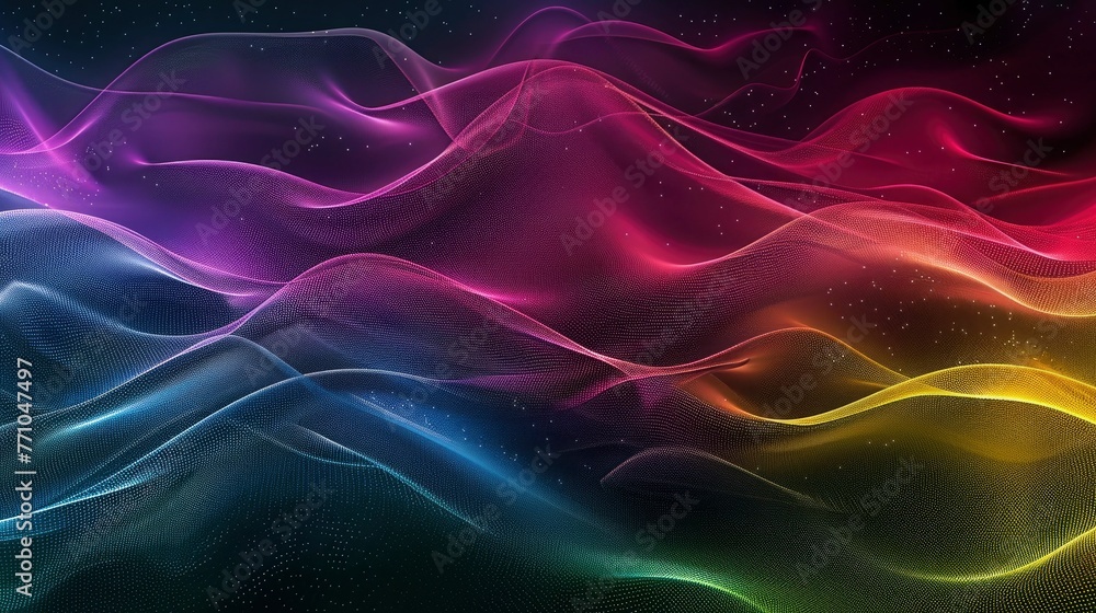 Dark grainy color gradient wave background, purple red yellow blue green colors banner poster cover abstract design, black copy space - generative ai