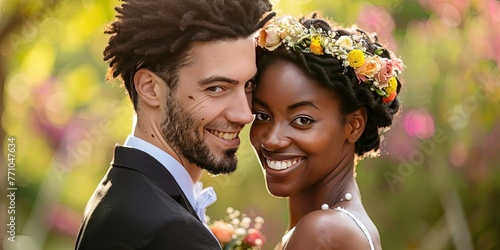 Newlywed young couple - biracial couple lifestyle image for relationships, marriage, and engagement photo
