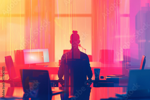 An abstract image of an office worker doing a meditation session at their workstation, surrounded by laptops.