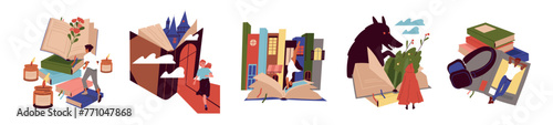 Set of people with stack of books. Characters reading textbooks and immersing at wonderful world of literature. Men and women bookworms. Cartoon flat vector illustrations isolated on white background