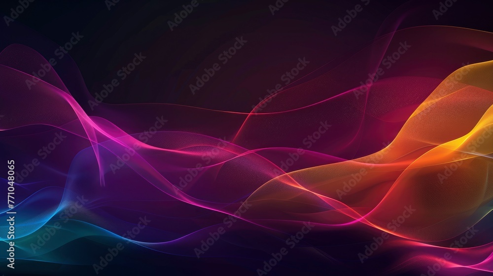 Dark grainy color gradient wave background, purple red yellow blue green colors banner poster cover abstract design, black copy space - generative ai