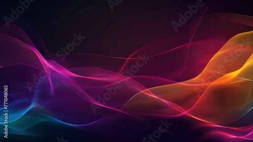 Dark grainy color gradient wave background, purple red yellow blue green colors banner poster cover abstract design, black copy space - generative ai