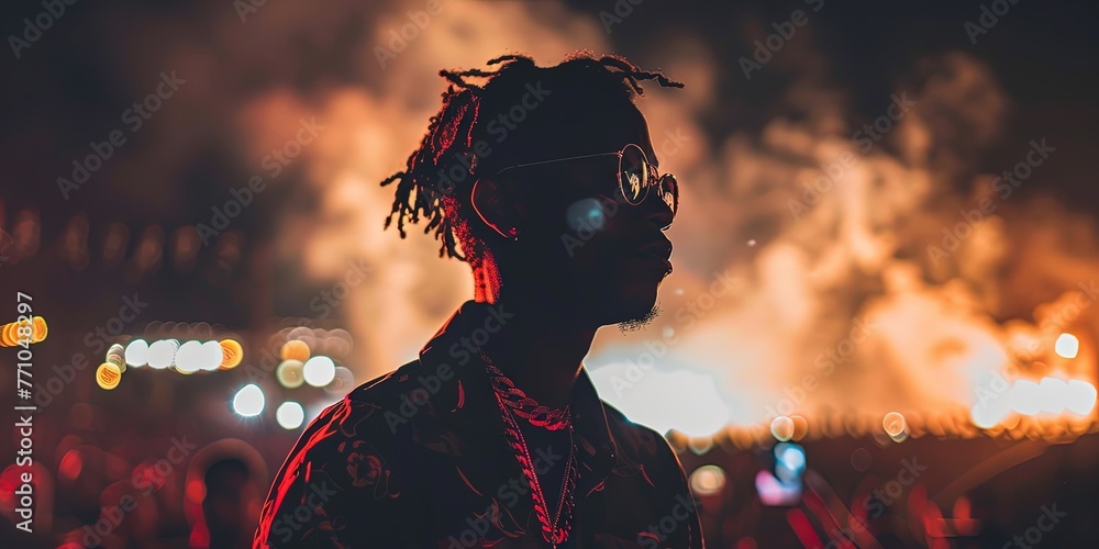 Rapper performing on stage at a summer hip-hop festival. Smoke and colorful lights as the emcee spits on the mic - obrazy, fototapety, plakaty 